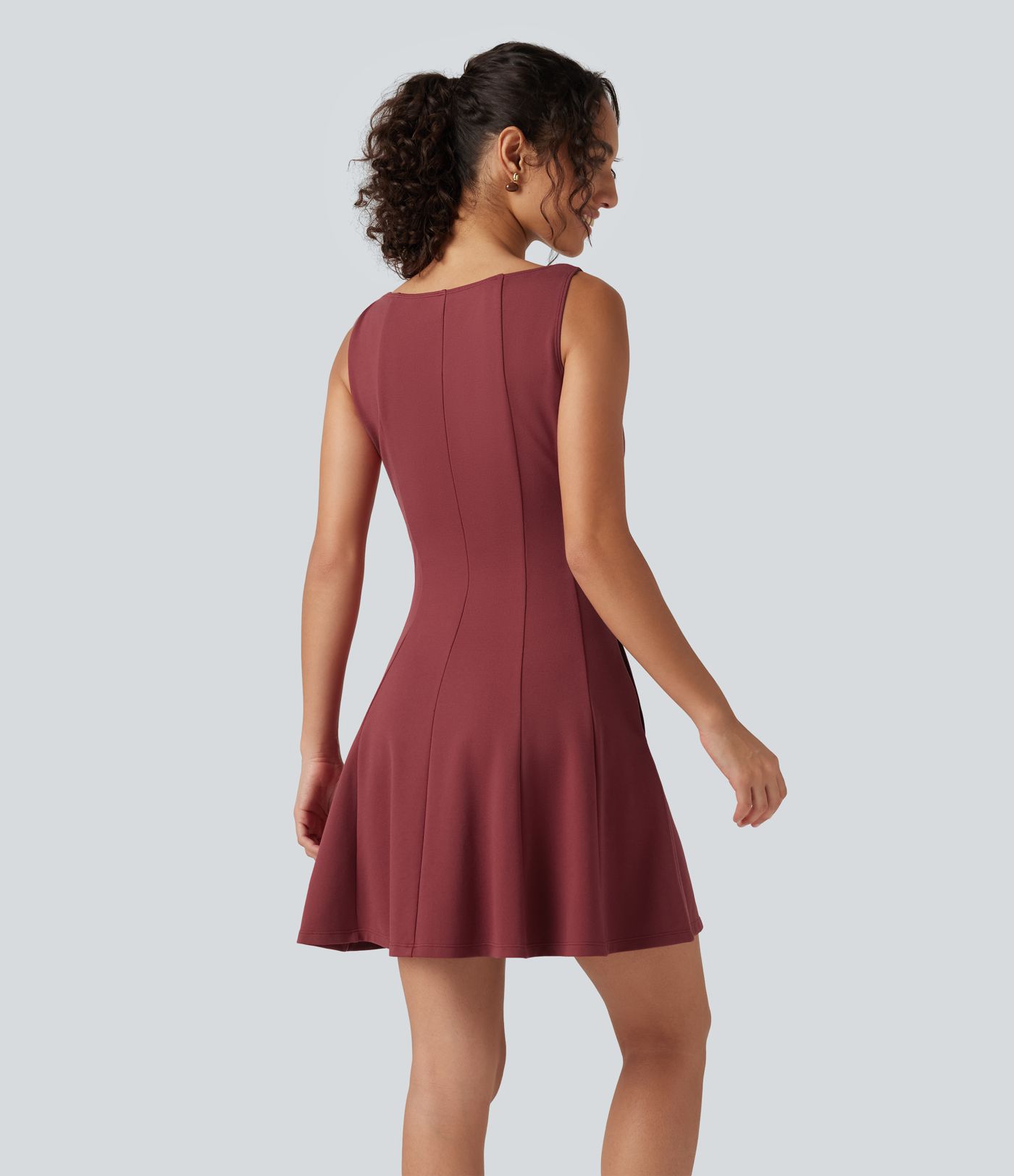 Boat Neck Sleeveless Flare Mini Work Dress with Pockets