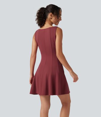 Boat Neck Sleeveless Flare Mini Work Dress with Pockets