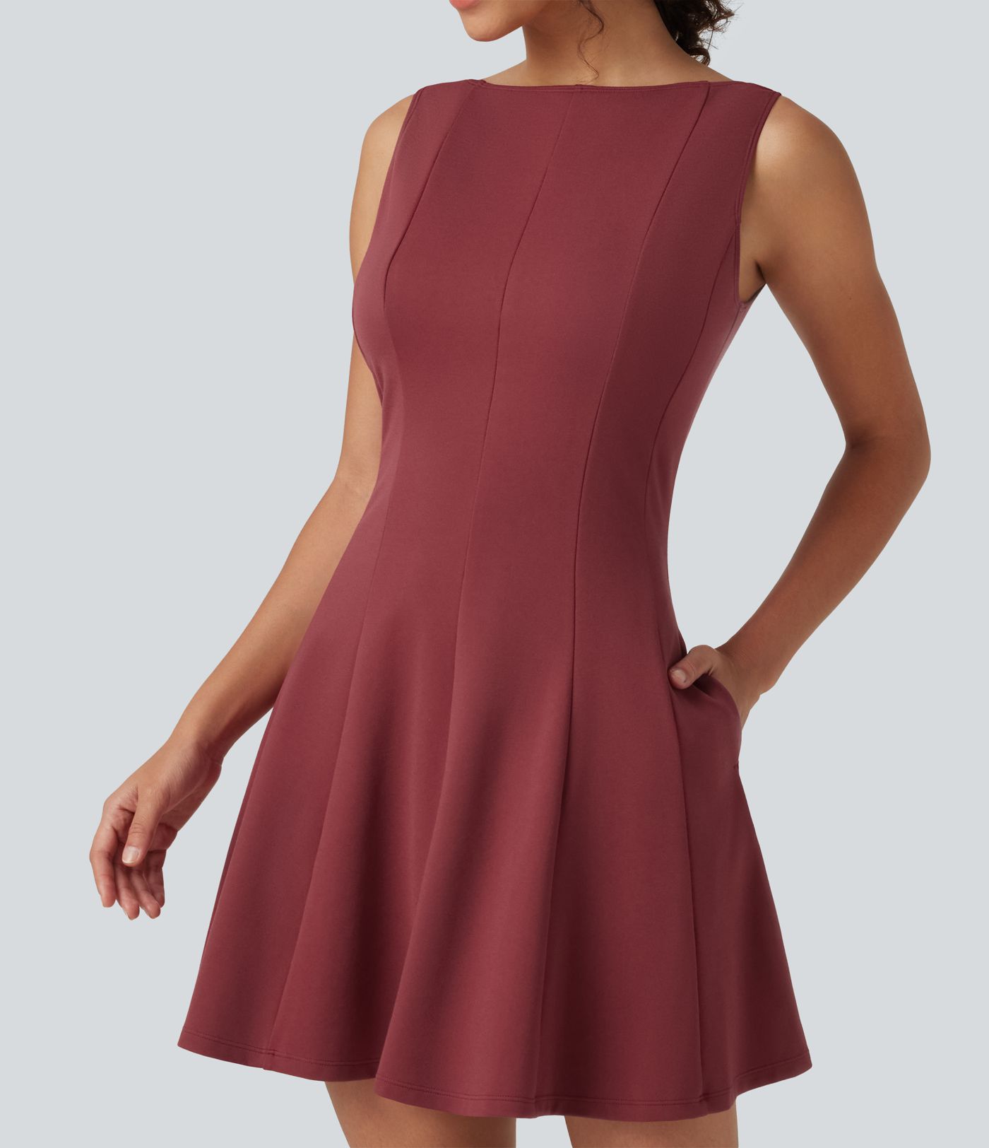 Boat Neck Sleeveless Flare Mini Work Dress with Pockets