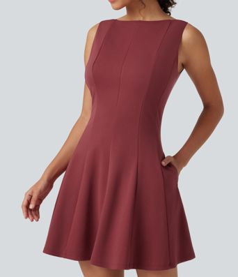 Boat Neck Sleeveless Flare Mini Work Dress with Pockets