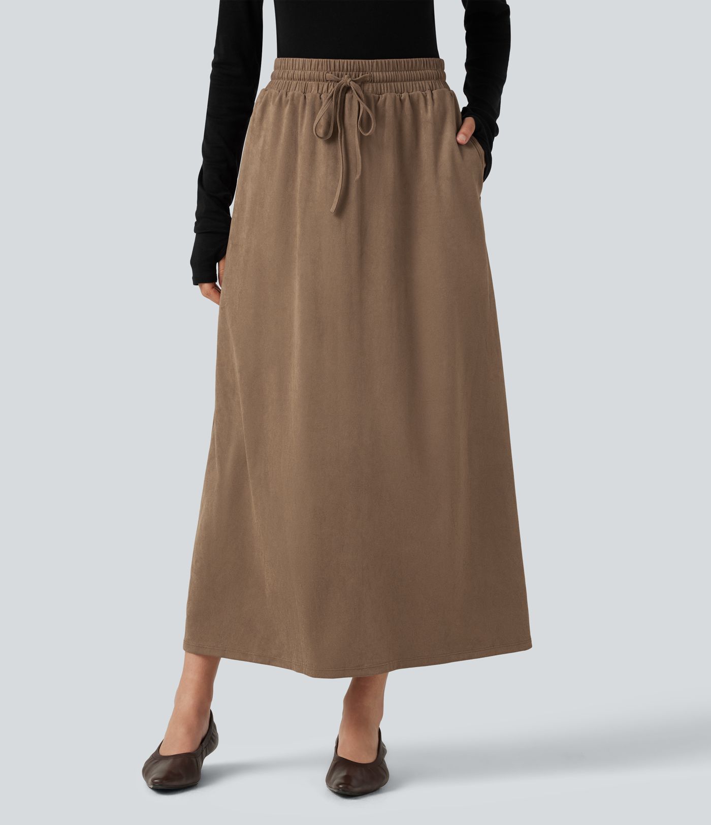 High Waisted Drawstring A Line Suede Midi Casual Skirt with Pockets High Waisted Drawstring A Line Suede Midi Casual Skirt with Pockets