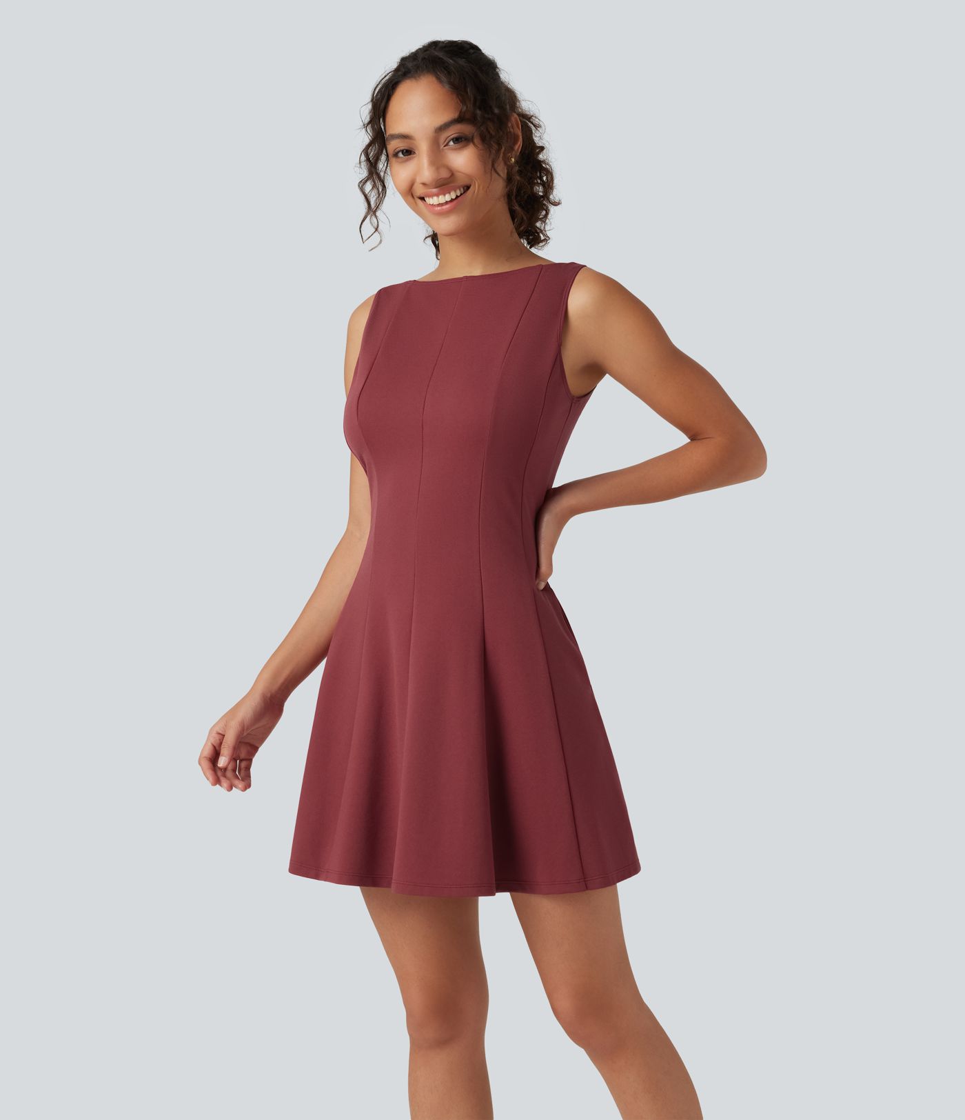 Boat Neck Sleeveless Flare Mini Work Dress with Pockets