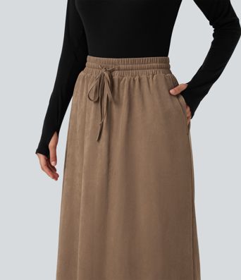 High Waisted Drawstring A Line Suede Midi Casual Skirt with Pockets High Waisted Drawstring A Line Suede Midi Casual Skirt with Pockets