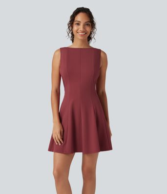 Boat Neck Sleeveless Flare Mini Work Dress with Pockets
