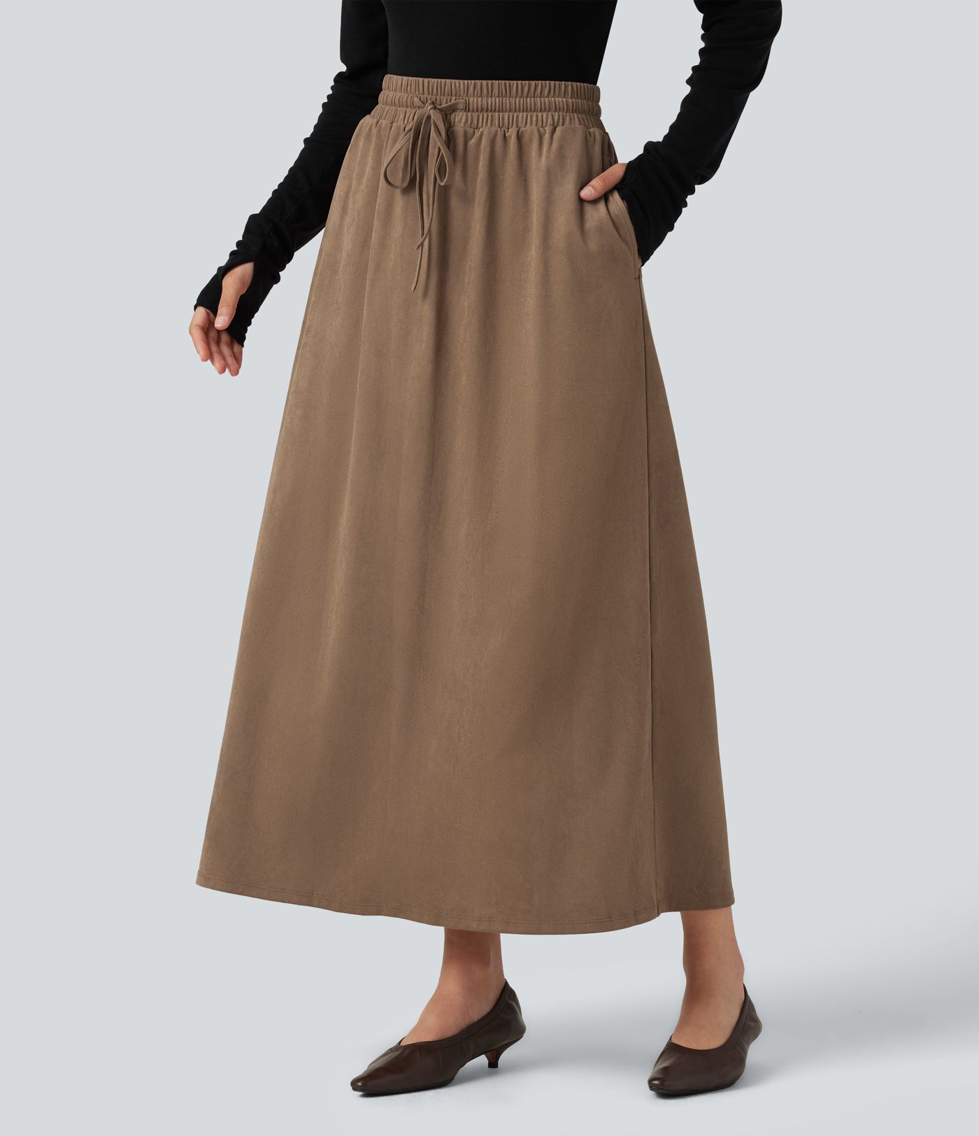 High Waisted Drawstring A Line Suede Midi Casual Skirt with Pockets High Waisted Drawstring A Line Suede Midi Casual Skirt with Pockets