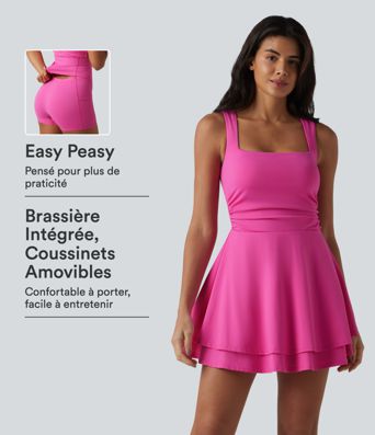 Robe-short de yoga SoftlyZero™ Airy effet frais InstantCool mini effet superposé à encolure carrée avec poches et accès facile Easy Peasy Robe-short de yoga SoftlyZero™ Airy effet frais InstantCool mini effet superposé à encolure carrée avec poches et accès facile Easy Peasy