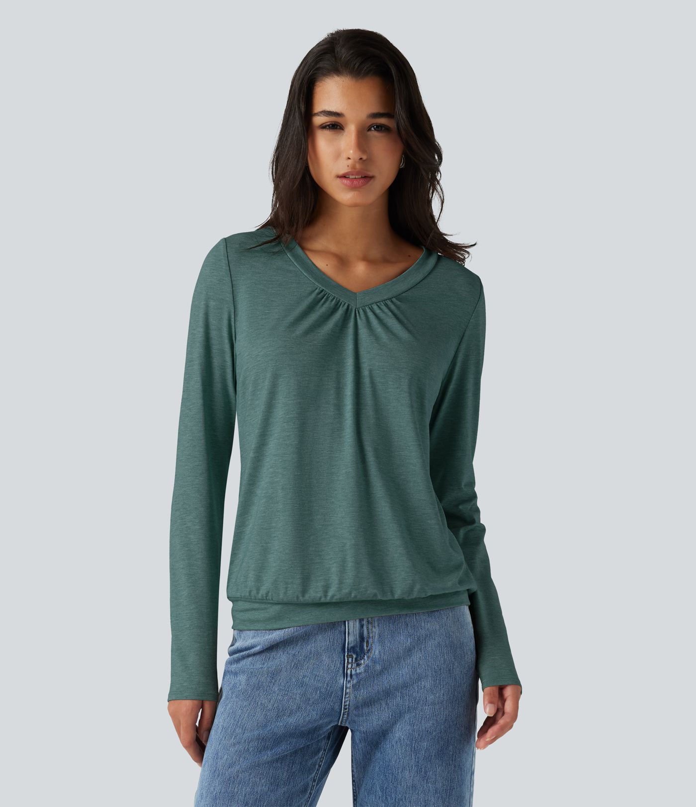 V Neck Ruched Long Sleeve Casual Top