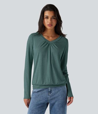 V Neck Ruched Long Sleeve Casual Top