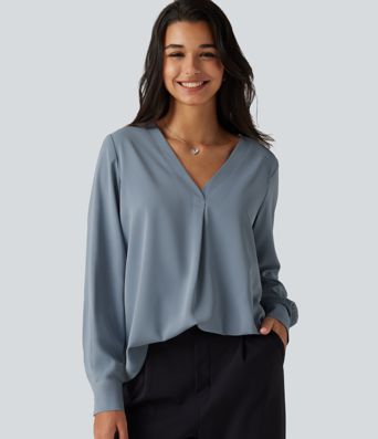 Blouse de bureau défroissage facile, col V et manches longues