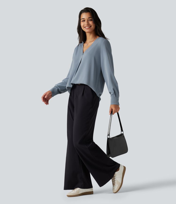Blouse de bureau défroissage facile, col V et manches longues