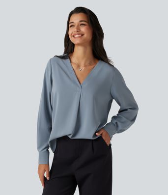Blouse de bureau défroissage facile, col V et manches longues