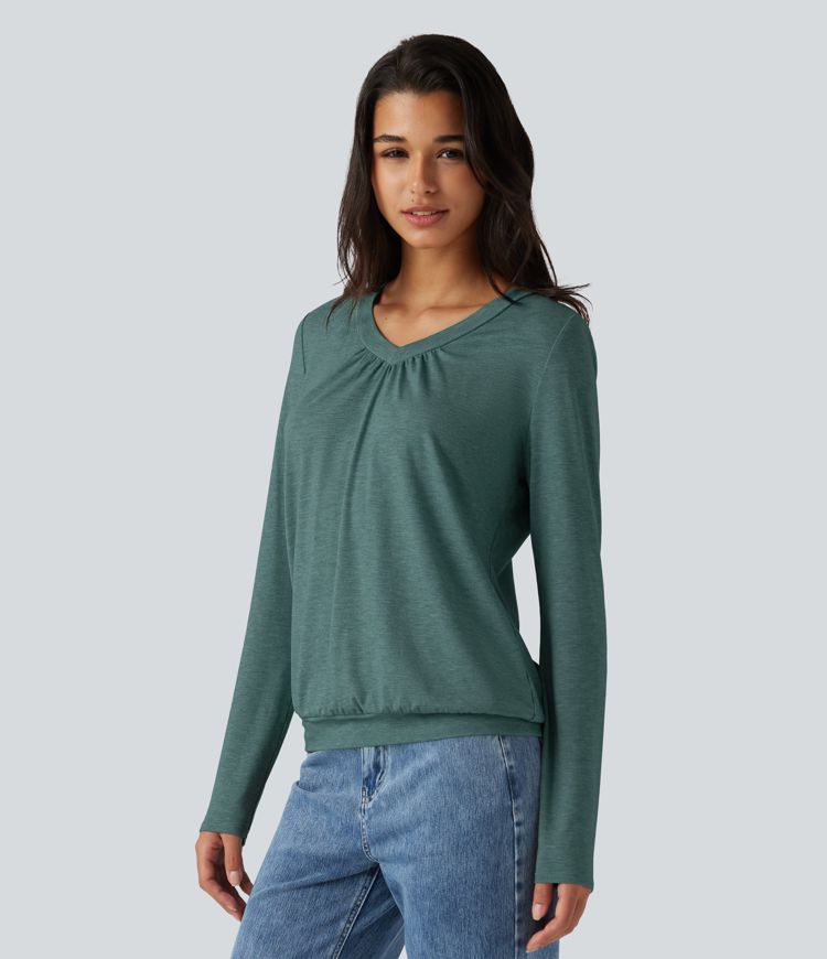 V Neck Ruched Long Sleeve Casual Top