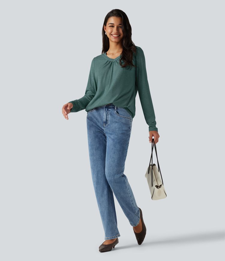 V Neck Ruched Long Sleeve Casual Top