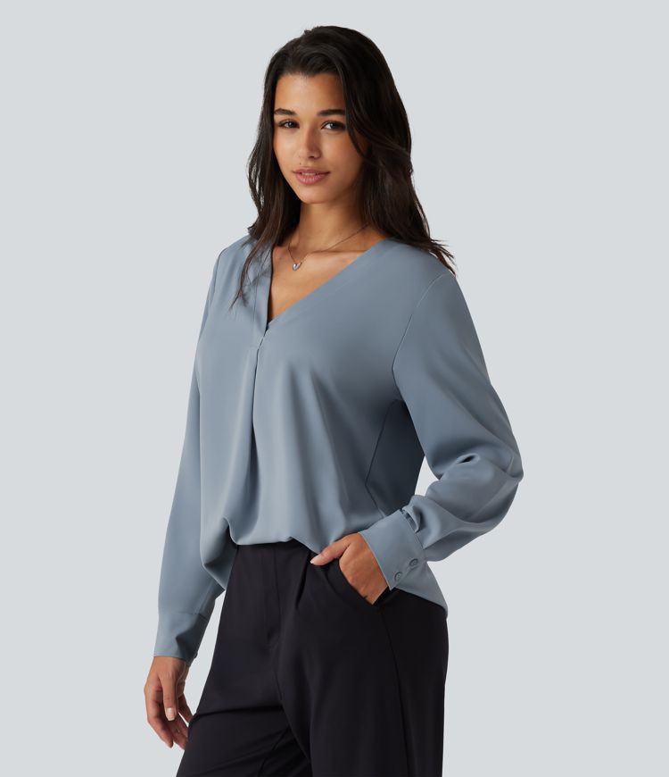 Blouse de bureau défroissage facile, col V et manches longues