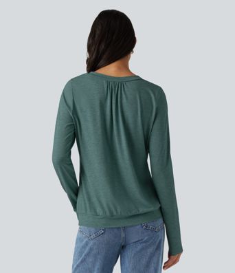 V Neck Ruched Long Sleeve Casual Top