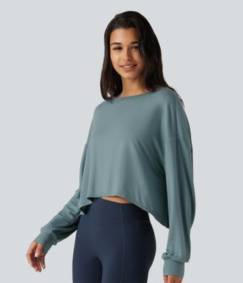 Round Neck Batwing Long Sleeve Curved Hem Cut Out Back Lounging Top