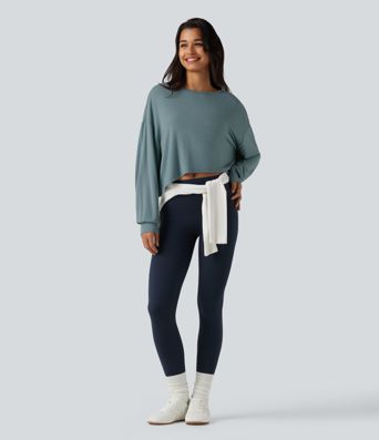 Round Neck Batwing Long Sleeve Curved Hem Cut Out Back Lounging Top