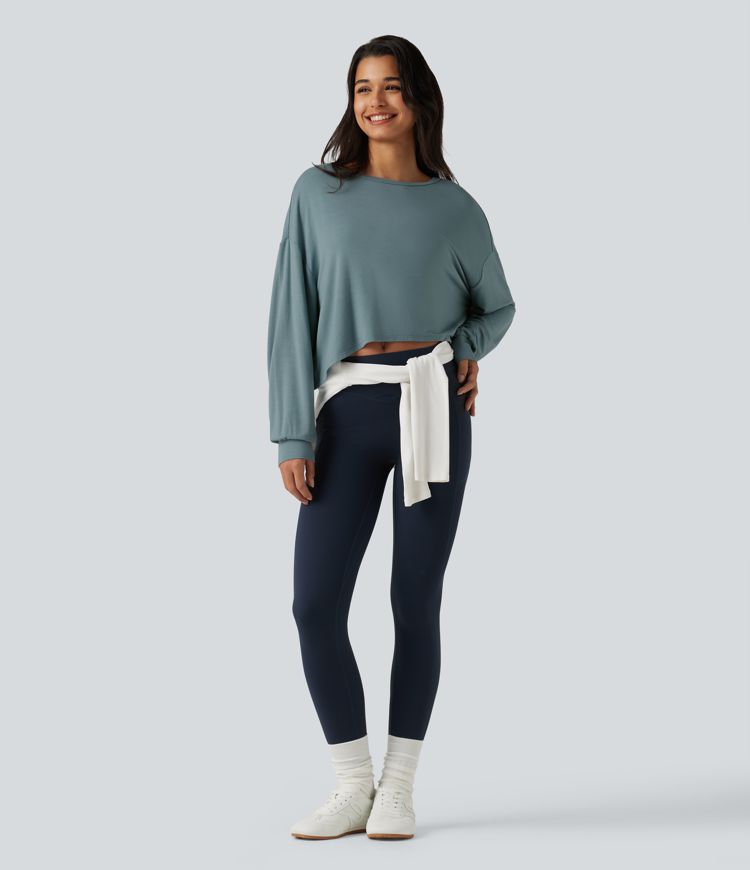 Round Neck Batwing Long Sleeve Curved Hem Cut Out Back Lounging Top