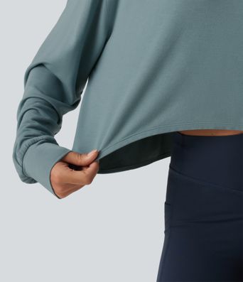 Round Neck Batwing Long Sleeve Curved Hem Cut Out Back Lounging Top