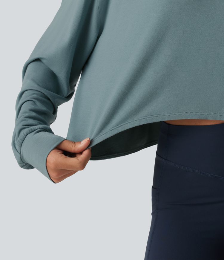 Round Neck Batwing Long Sleeve Curved Hem Cut Out Back Lounging Top