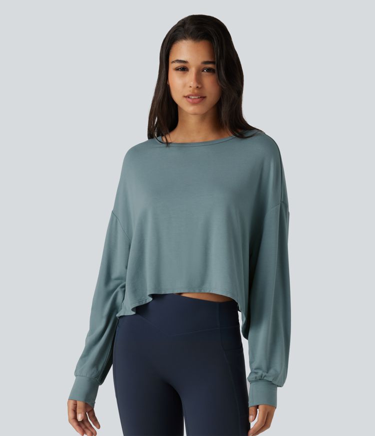 Round Neck Batwing Long Sleeve Curved Hem Cut Out Back Lounging Top