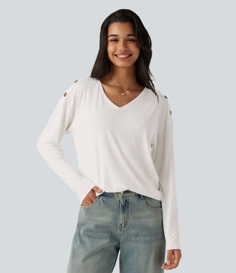V Neck Dropped Long Sleeve Casual T-Shirt