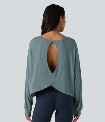 Round Neck Batwing Long Sleeve Curved Hem Cut Out Back Lounging Top