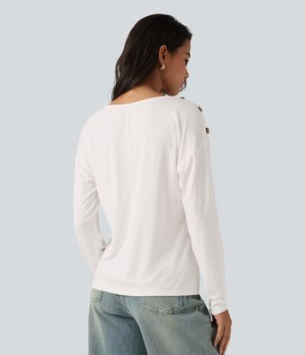V Neck Dropped Long Sleeve Casual T-Shirt