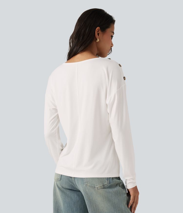 V Neck Dropped Long Sleeve Casual T-Shirt