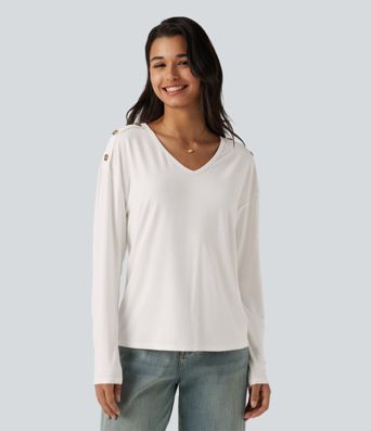 V Neck Dropped Long Sleeve Casual T-Shirt