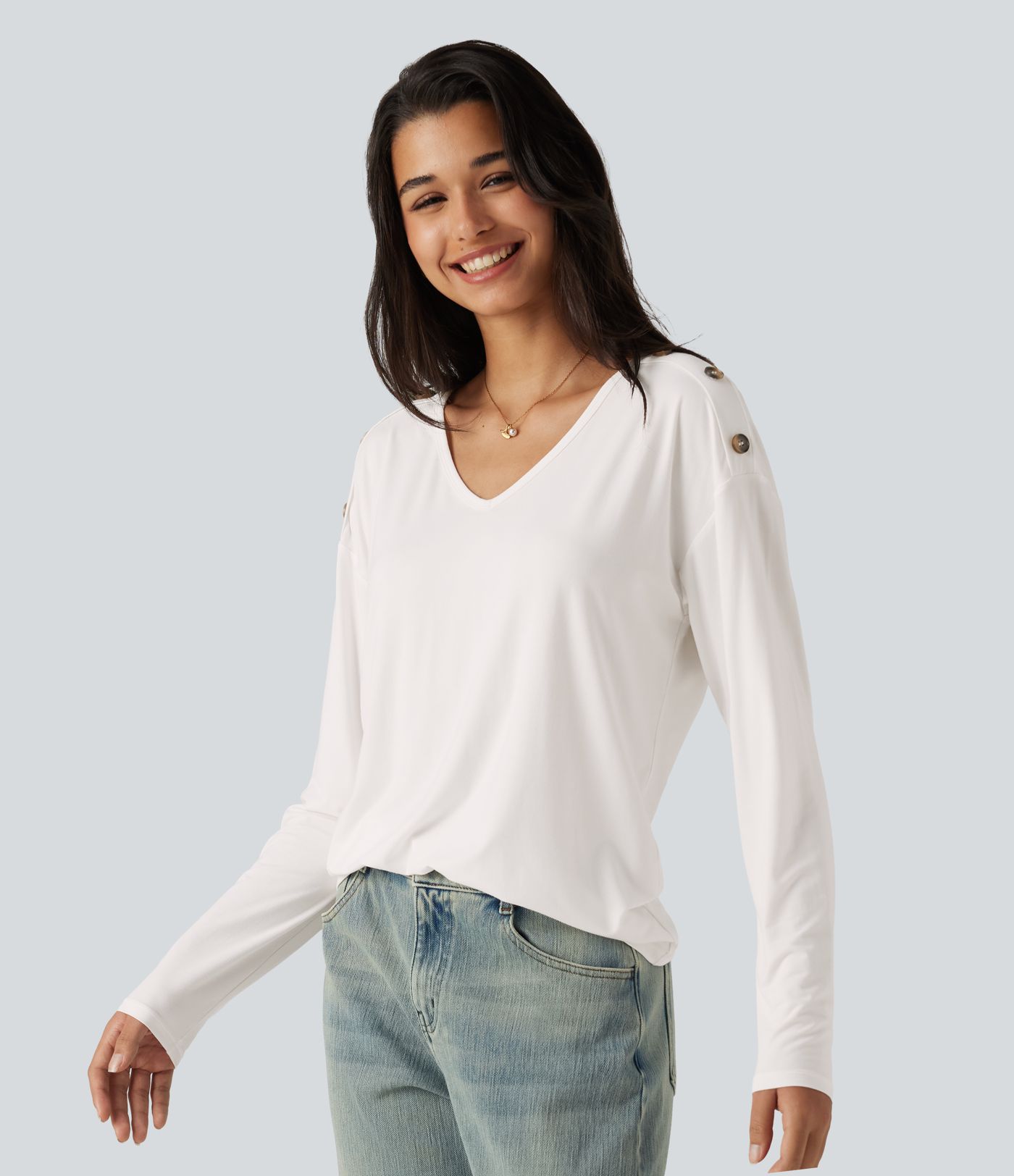 V Neck Dropped Long Sleeve Casual T-Shirt