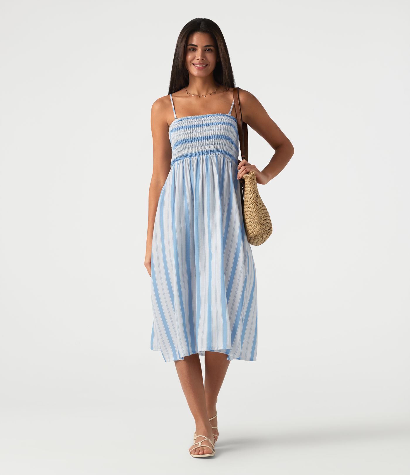 Removable Straps Shirred Stripes Linen-Feel Resort Slip Dress Removable Straps Shirred Stripes Linen-Feel Resort Slip Dress