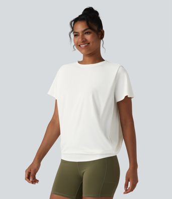 Round Neck Short Sleeve Ruched InstantCool Yoga Sports Top-UPF50+ Round Neck Short Sleeve Ruched InstantCool Yoga Sports Top-UPF50+