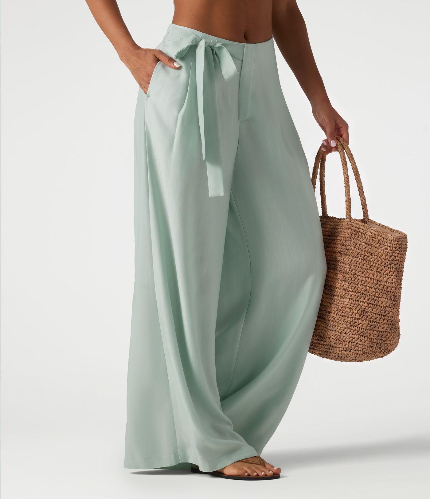 High Waisted Tie Side Baggy Linen-Blend Pants with Pockets High Waisted Tie Side Baggy Linen-Blend Pants with Pockets