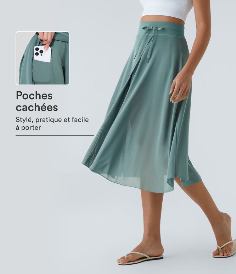 Jupe Casual Évasée Mesh Mi-Longue Fuide 2 en 1 Contrastée Taille Haute Cordon Poche Latérale Jupe Casual Évasée Mesh Mi-Longue Fuide 2 en 1 Contrastée Taille Haute Cordon Poche Latérale