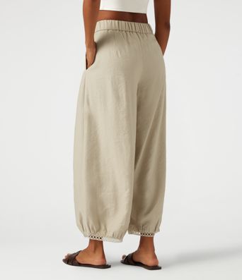 Mid Rise Ladder Trim 7/8 Length Casual Barrel Leg Pants with Pockets