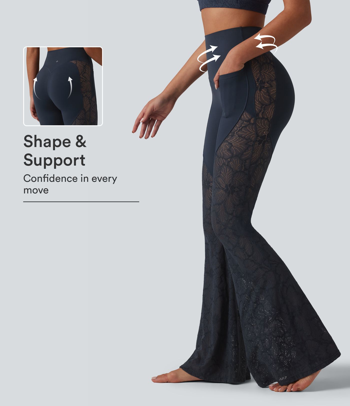 Halara UltraSculpt™ High Waisted Tummy Control Contrast Lace Yoga Flare Leggings with Pockets Halara UltraSculpt™ High Waisted Tummy Control Contrast Lace Yoga Flare Leggings with Pockets