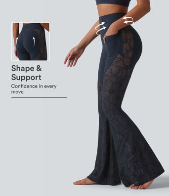 Halara UltraSculpt™ High Waisted Tummy Control Contrast Lace Yoga Flare Leggings with Pockets Halara UltraSculpt™ High Waisted Tummy Control Contrast Lace Yoga Flare Leggings with Pockets