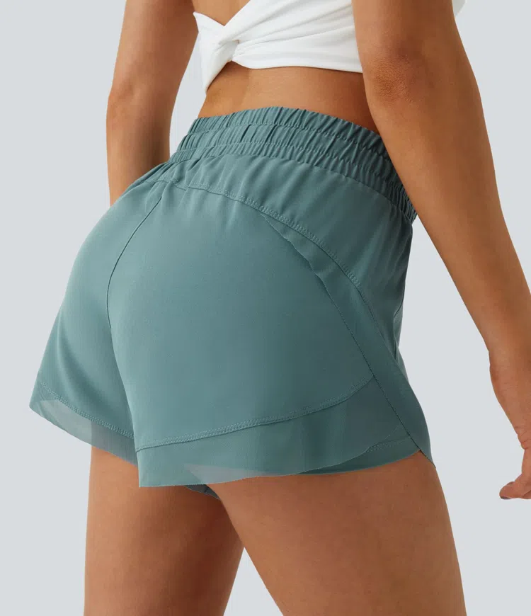 Mineral Blue Short de running 2-en-1, taille mi-haute avec cordon de serrage, empiècements en mesh contrastant, 3'' / 1