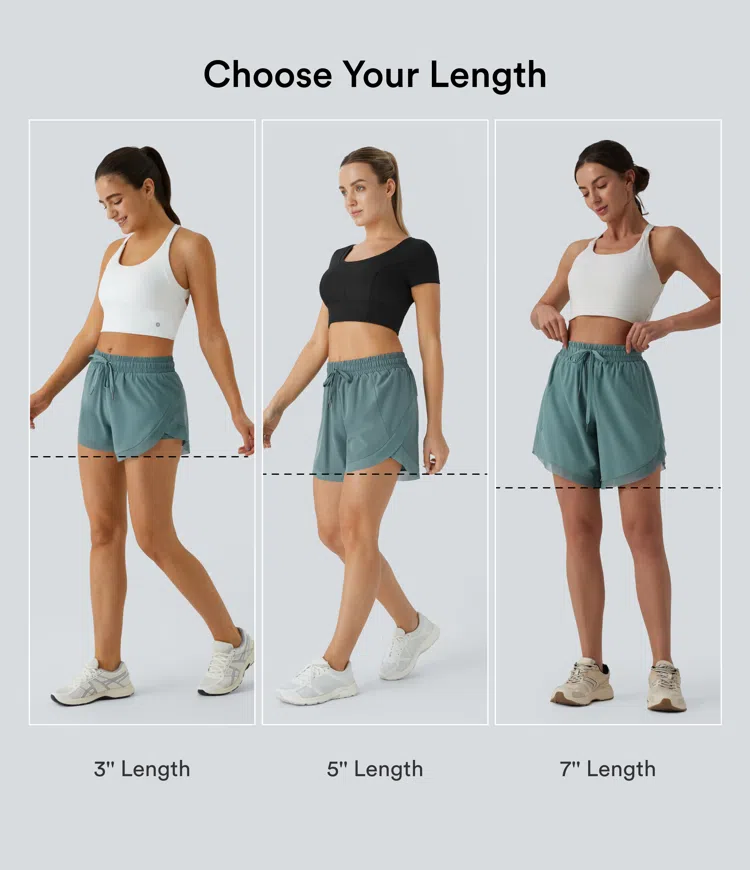 Mineral Blue Short de running 2-en-1, taille mi-haute avec cordon de serrage, empiècements en mesh contrastant, 3'' / 2