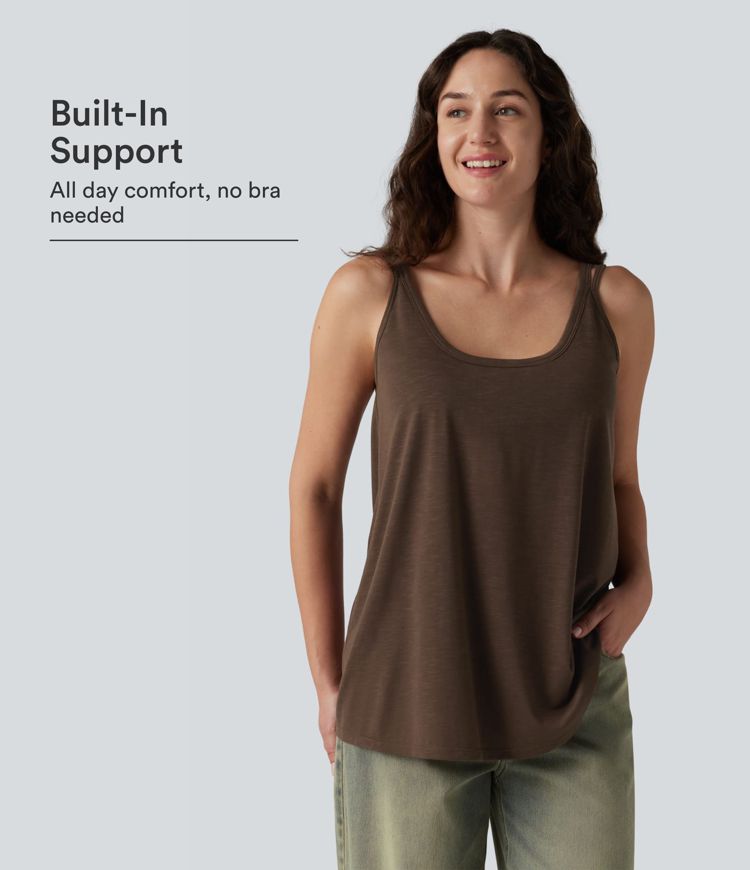 U-Neck Built-in Bra Loose Fit Casual Tank Top U-Neck Built-in Bra Loose Fit Casual Tank Top