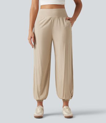 High Waisted Casual Stretch Linen Joggers with Pockets