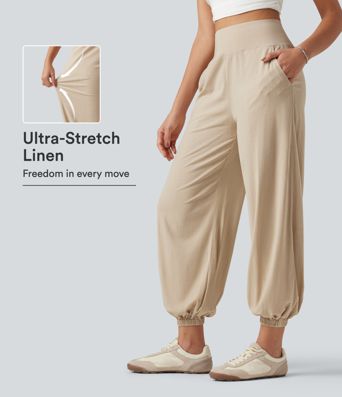 High Waisted Casual Stretch Linen Joggers with Pockets