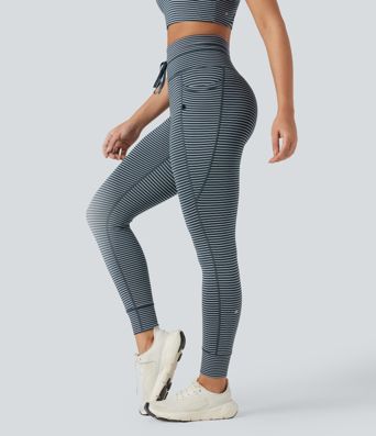 Gestreifte Yoga-Leggings mit hohem Bund, Seitentaschen und Kordelzug