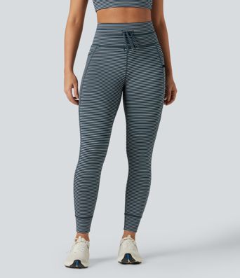 Gestreifte Yoga-Leggings mit hohem Bund, Seitentaschen und Kordelzug