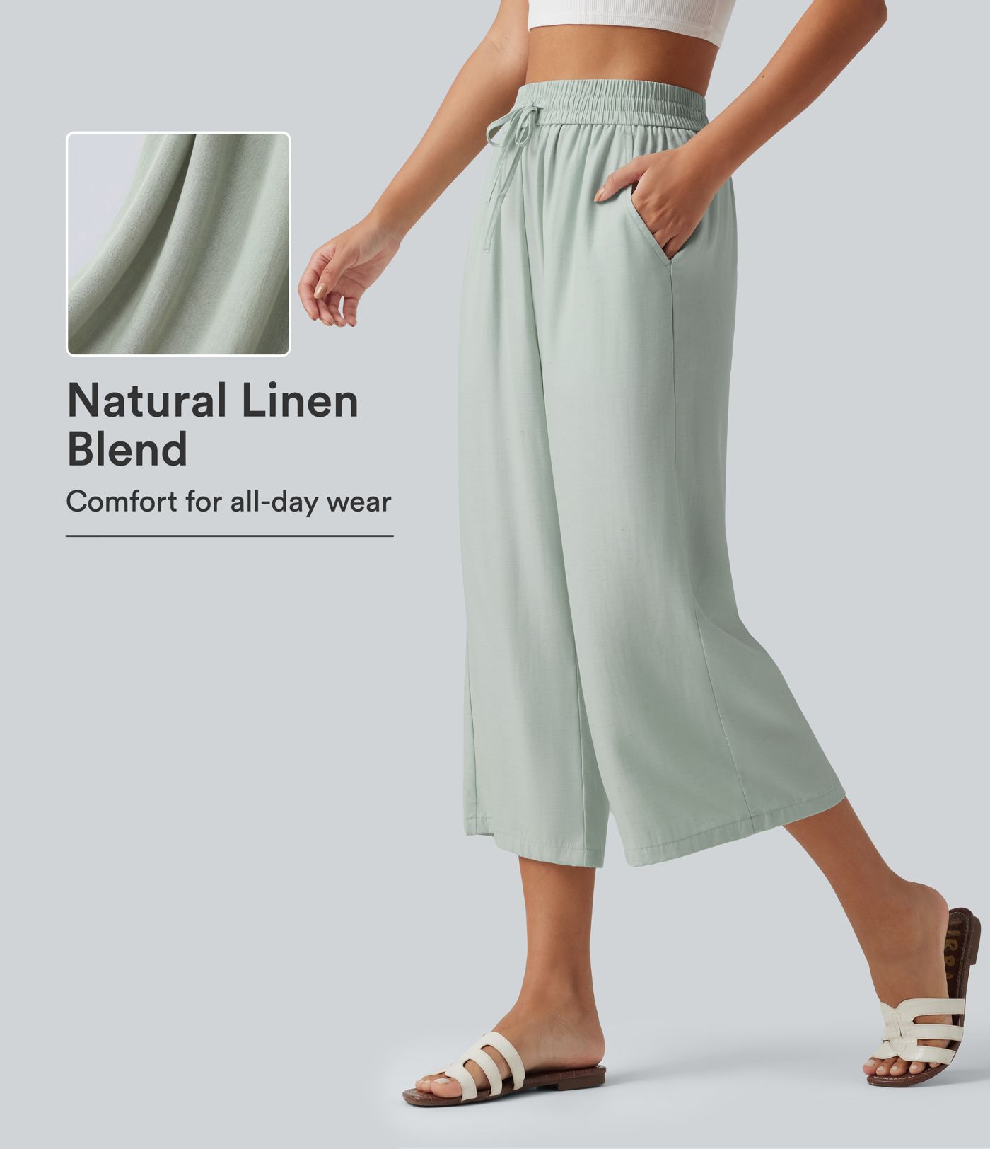 High Waisted Drawstring Wide Leg Cropped Casual Linen-Blend Pants with Pockets High Waisted Drawstring Wide Leg Cropped Casual Linen-Blend Pants with Pockets