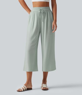 High Waisted Drawstring Wide Leg Cropped Casual Linen-Blend Pants with Pockets High Waisted Drawstring Wide Leg Cropped Casual Linen-Blend Pants with Pockets