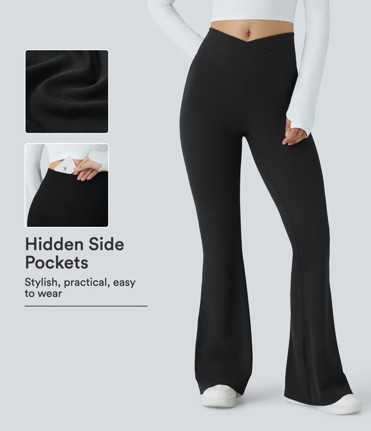 Crossover High Waisted Pocket Waffle Casual Flare Pants Crossover High Waisted Pocket Waffle Casual Flare Pants
