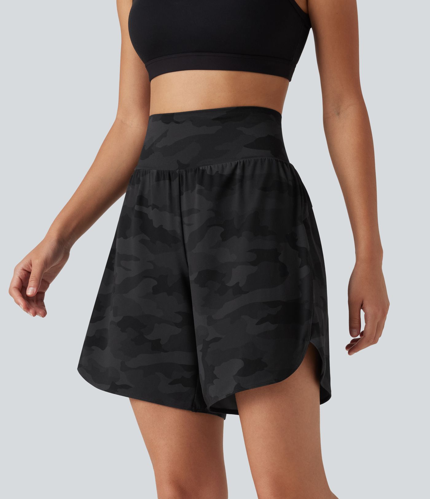 Halara UltraSculpt™ Camo Print High Waisted Tummy Control Curved Hem Running Shorts 7" with Pocket