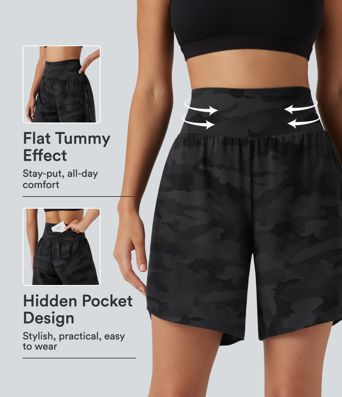 Halara UltraSculpt™ Camo Print High Waisted Tummy Control Curved Hem Running Shorts 7" with Pocket